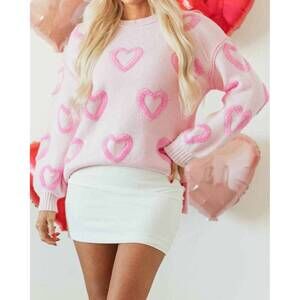 NEW PRETTY BASH valentine heart bubble sleeve baggy sweater in pink